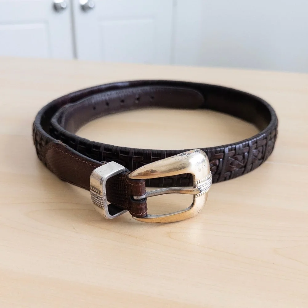 Mens Leather Belt Size 34 Brown Woven Western Lizard Embossed Buckle Cowboy